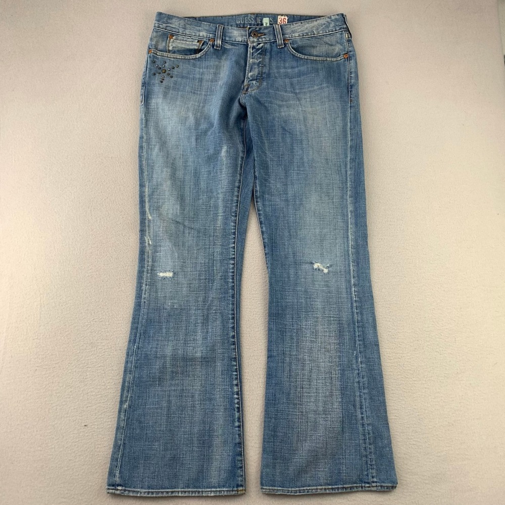 Vintage Guess Jeans Falcon Low Rise Boot Mens 36x32 Y2K Distressed Studded Denim